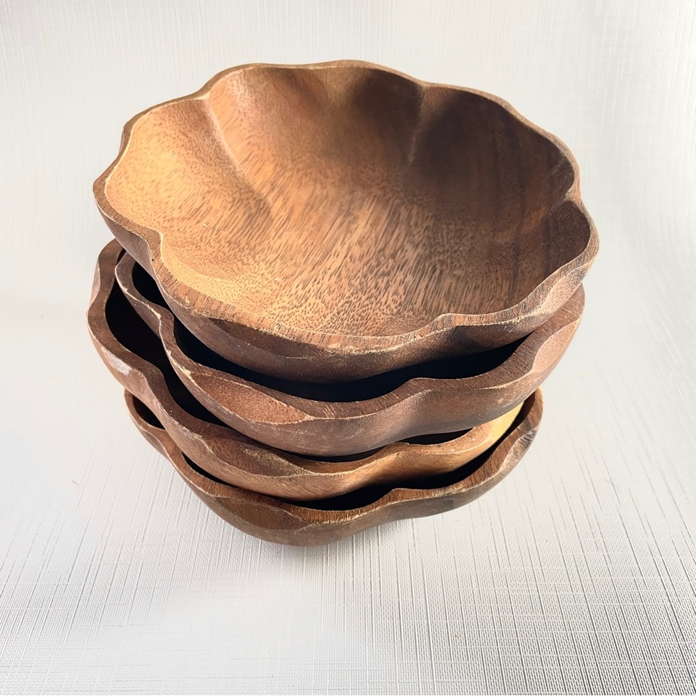 Vintage Hand Carved Wood Flower Scalloped Bowls Set MCM Boho Monkey Pod